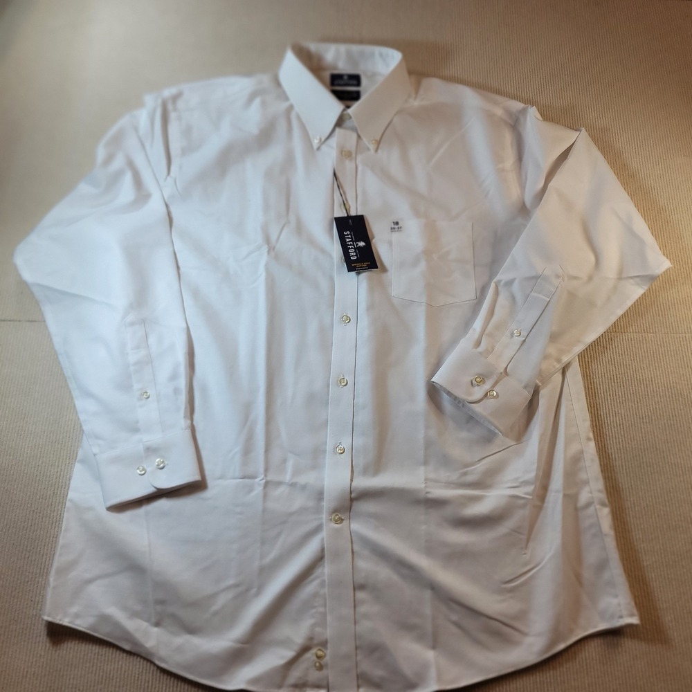Stafford Travel Performance Men's White Regular Fit Dress Shirt 18 36-37